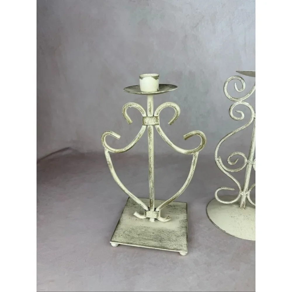 Vintage 90s Ivory Iron Candlestick Holders Scroll Cottagecore Shabby Chic Set of